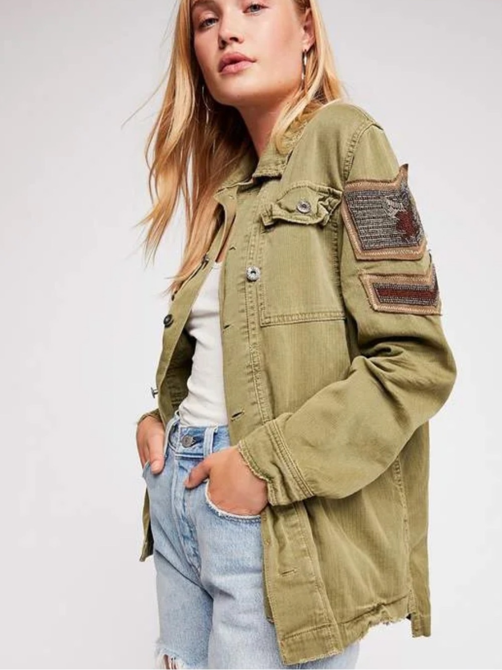 Free People Tan Distressed Embellished  Eagle Military Shirt Jacket
